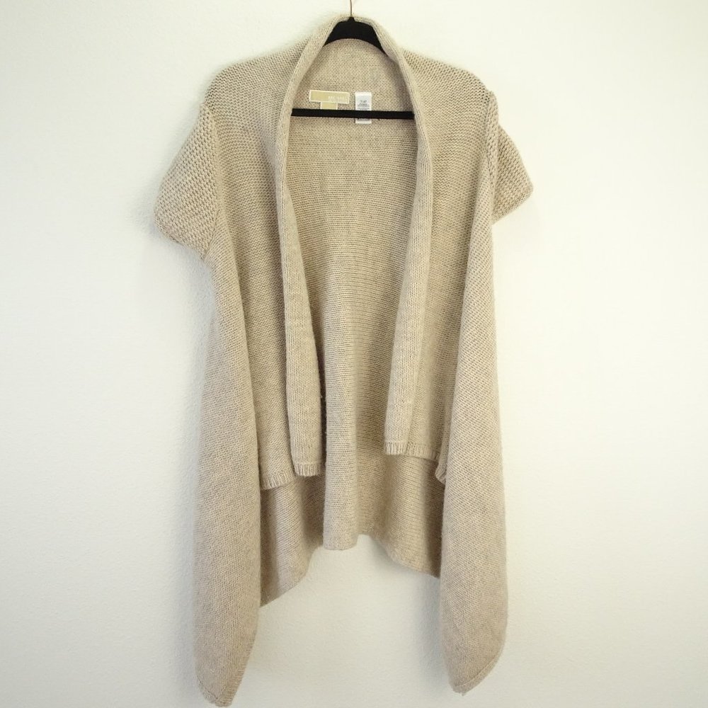 Michael Kors Beige Open-Front Short Sleeve Draped Cardigan